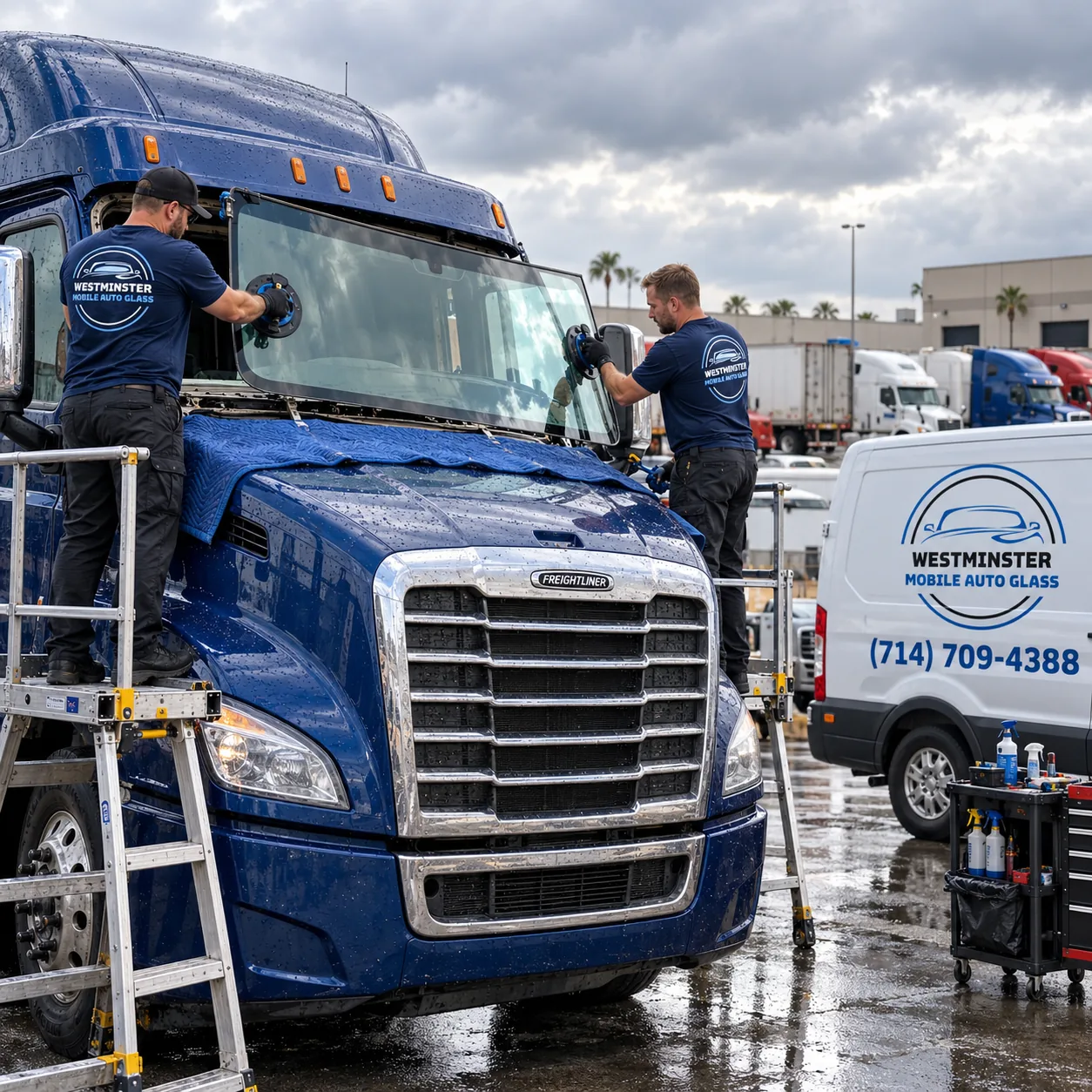 Mobile semi truck auto glass replacement in the rain