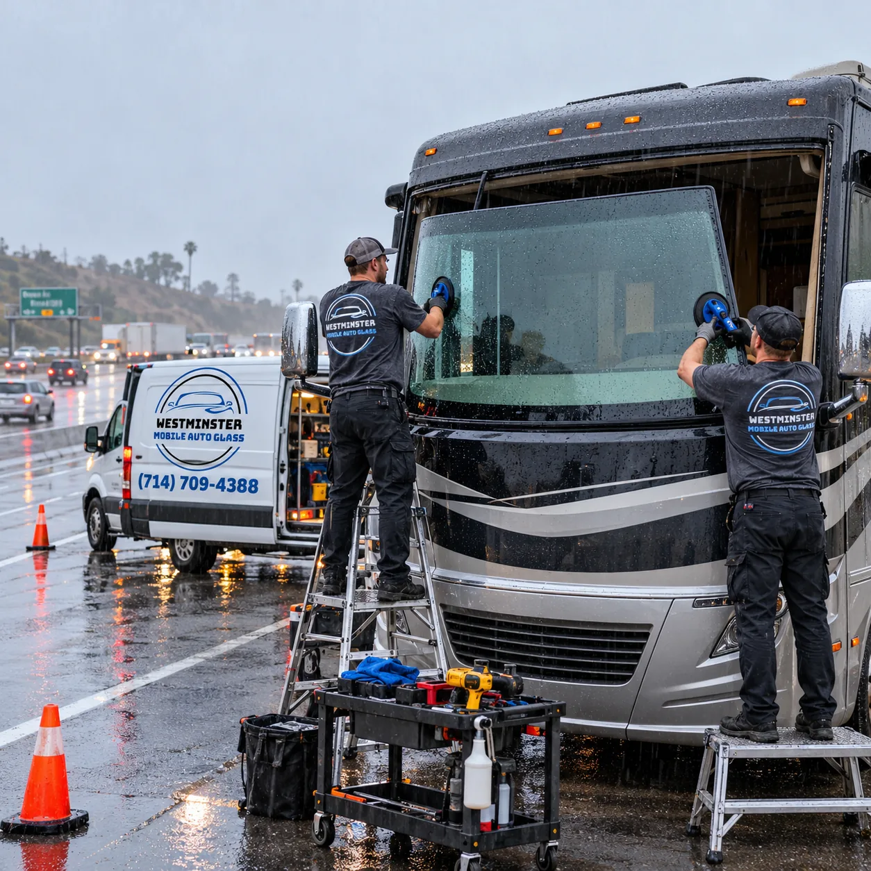 Rainy RV windshield repair scene